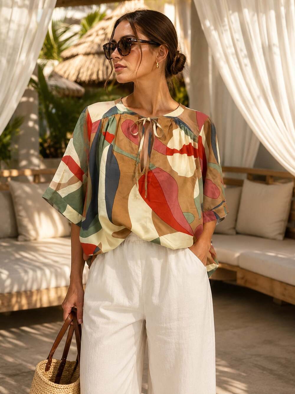 Cult Gaia Kittie Tunic M Silk Blend Abstract Print Resort Boho Designer Top